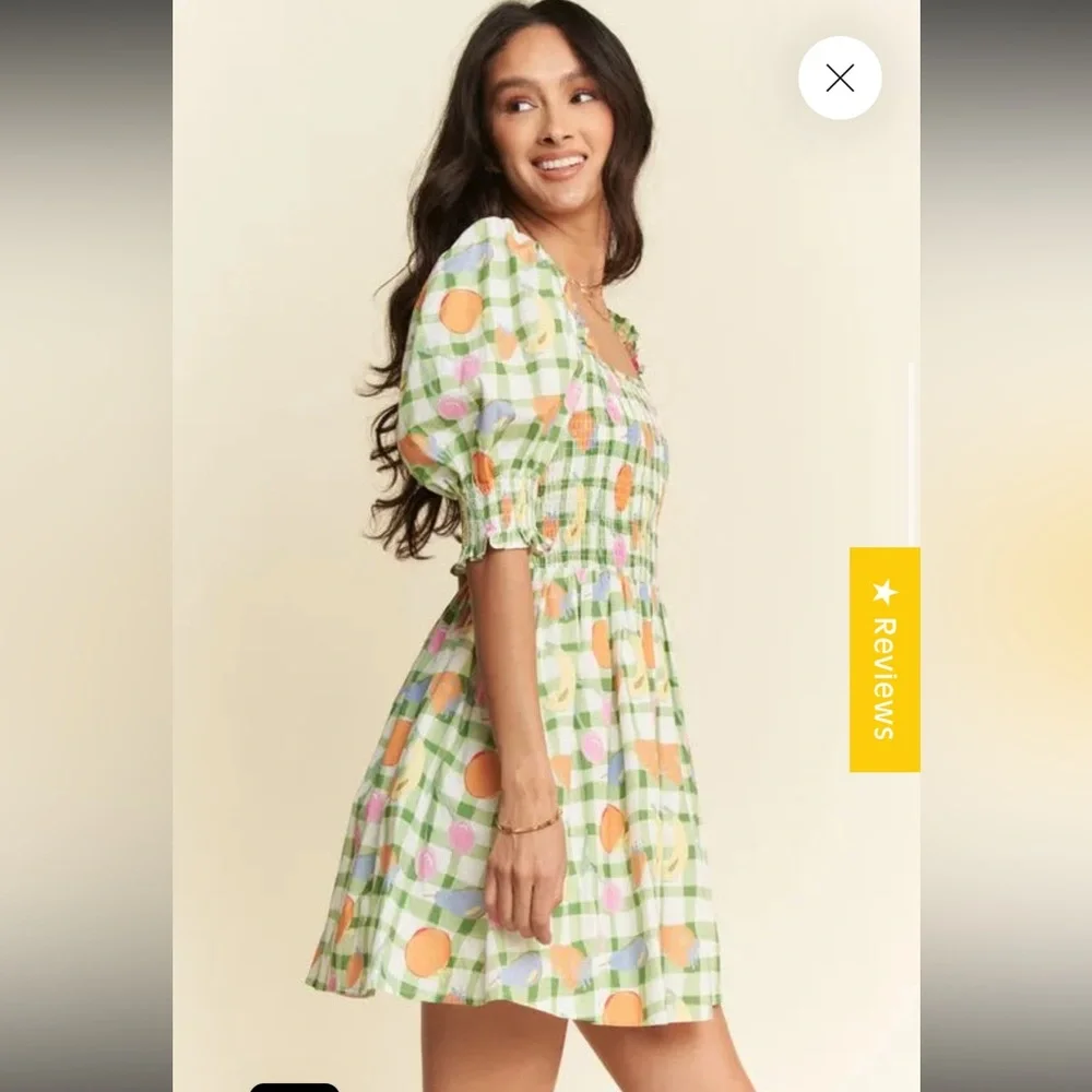 DAVI & DANI FRUITS PRINTED SMOCKING MINI DRESS size L NWT - Picture 2 of 9